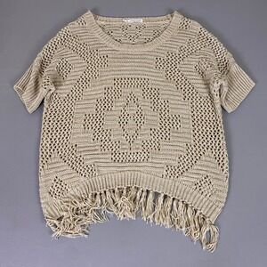Maurices Sweater Top Women's Size 0 Plus Beige Crochet Open Knit Fringe Boho‎
